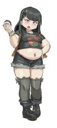 Rule 34 | 1girl, bad id, bad twitter id, big belly, black footwear, black hair, blush, boots, breasts, commission, dot nose, full body, goth fashion, grey thighhighs, hair ornament, hairclip, hand on own hip, holding, holding poke ball, jouji (jouji45270078), long hair, looking at viewer, midriff, mrjouzi, navel, navel piercing, open mouth, original, piercing, plump, poke ball, purple eyes, shirt, short shorts, short sleeves, shorts, small breasts, solo, standing, t-shirt, thick thighs, thighhighs, thighs, torn clothes, torn thighhighs, tsurime