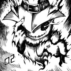 Rule 34 | 2021, bad id, bad pixiv id, belt, digimon, digimon (creature), finger on hat, ghost, ghostmon, greyscale, hat, highres, inktober, keyliom, monochrome, open mouth, signature, solo, stitched mouth, stitches, upper body