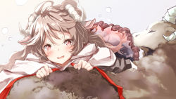 Rule 34 | 1girl, :d, ahoge, animal, animal ears, arknights, blush, brown hair, burnt clothes, commentary request, dress, eyjafjalla (arknights), goat, goat ears, goat horns, hellnyaa, highres, horns, long hair, looking at viewer, open mouth, red eyes, simple background, smile, solo, white background