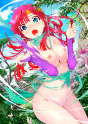 Rule 34 | 1girl, blue eyes, blue sky, breasts, bridal gauntlets, day, dragon knight (elf), dragon knight 3, dutch angle, floating hair, highres, long hair, long sleeves, looking at viewer, luna (dragon knight), medium breasts, mikazuki akira!, nipples, nude, open mouth, outdoors, purple sleeves, red hair, sky, solo, standing, torn clothes, torn sleeves