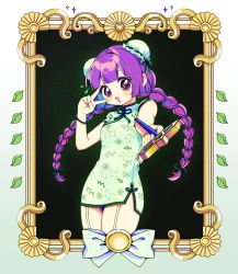 Rule 34 | 1girl, :d, absurdres, blunt bangs, blush, bow, braid, bun cover, china dress, chinese clothes, double bun, dress, foreshortening, garter straps, gold, hair bun, highres, holding, holding wand, leaf, looking at viewer, open mouth, original, picture frame, purple eyes, purple hair, q yan31, short sleeves, side slit, smile, solo, triangle mouth, twin braids, v over eye, wand