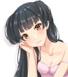 Rule 34 | 1girl, black hair, blush, breasts, brown eyes, cleavage, closed mouth, collarbone, head tilt, highres, idolmaster, idolmaster shiny colors, long hair, looking at viewer, mayuzumi fuyuko, off shoulder, pink shirt, shirt, simple background, sleeveless, sleeveless shirt, small breasts, smile, solo, upper body, very long hair, white background, yuzuyu (hyui)