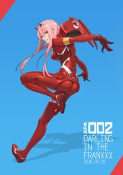Rule 34 | 10s, 1girl, absurdres, blue background, bodysuit, character name, copyright name, darling in the franxx, floating hair, full body, green eyes, hair between eyes, hairband, highres, horns, leg up, long hair, looking at viewer, parted lips, pink hair, red bodysuit, solo, very long hair, wedge heels, white hairband, zero two (darling in the franxx), zola chen