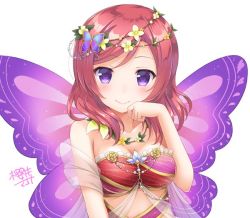 Rule 34 | 1girl, bad id, bad twitter id, bandeau, blush, butterfly hair ornament, butterfly wings, clenched hand, collarbone, flower, flower necklace, frilled bandeau, frills, hair ornament, hand up, head wreath, insect wings, jewelry, looking at viewer, love live!, love live! school idol festival, love live! school idol project, medium hair, necklace, nishikino maki, purple eyes, red bandeau, sakurai makoto (custom size), shawl, signature, simple background, smile, solo, upper body, white background, wings, yellow flower