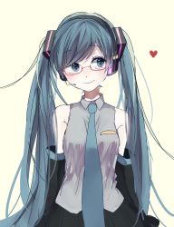 Rule 34 | 1girl, alternate eyewear, arms at sides, bare shoulders, blue eyes, blue hair, blue necktie, blush, collared shirt, detached sleeves, glasses, grey shirt, happy, hatsune miku, headset, heart, highres, long hair, looking away, necktie, p2 (uxjzz), red-framed eyewear, shirt, simple background, skirt, sleeveless, sleeveless shirt, smile, solo, twintails, upper body, very long hair, vocaloid, white background, yellow background
