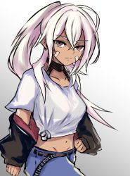 Rule 34 | 1girl, absurdres, azur lane, belt, bikini, bikini under clothes, black belt, black bikini, black jacket, blue pants, breasts, character name, closed mouth, collarbone, commentary request, cowboy shot, crop top, crossed bangs, dark-skinned female, dark skin, earrings, egirada, expressionless, facepaint, gradient background, grey background, groin, hair between eyes, hair intakes, high ponytail, highres, jacket, jacket partially removed, jewelry, looking at viewer, medium breasts, midriff, minneapolis (azur lane), minneapolis (extreme games) (azur lane), navel, official alternate costume, pants, pink hair, red eyes, shirt, solo, swimsuit, tied shirt, typo, white shirt