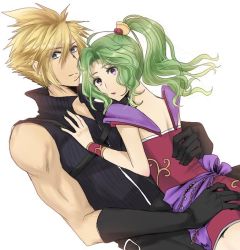 Rule 34 | 1boy, 1girl, blonde hair, blue eyes, bracelet, cloud strife, crossover, dango (ff iraira), dissidia final fantasy, dress, final fantasy, final fantasy vi, final fantasy vii, gloves, green hair, hand on another&#039;s ass, hand on another&#039;s back, hand on another&#039;s chest, hug, jewelry, looking at viewer, pantyhose, ponytail, purple eyes, short dress, sleeveless, sleeveless sweater, spiked hair, square enix, sweater, tina branford