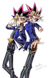 Rule 34 | 2boys, black pants, black shirt, blue jacket, card, chain, closed mouth, dyed bangs, highres, holding, holding card, jacket, long hair, long sleeves, looking at viewer, male focus, millennium puzzle, multicolored hair, multiple boys, muto yugi, open clothes, open jacket, pants, red eyes, shiny clothes, shirt, simple background, smile, spiked hair, white background, wube, yami yugi, yu-gi-oh!