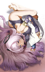 1girl ass bare_shoulders barefoot blue_eyes blush breasts chroong citlali_(genshin_impact) fingerless_gloves from_above genshin_impact gloves hair_ornament hair_rings leotard long_hair looking_at_viewer lying medium_breasts on_side pillow pink_hair smile solo very_long_hair