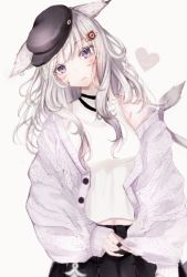 Rule 34 | 1girl, animal ears, bad id, bad pixiv id, cardigan, cat ears, cat girl, cowboy shot, earrings, facial mark, final fantasy, final fantasy xiv, flat cap, hair ornament, hairclip, hat, head tilt, heart, jewelry, looking at viewer, miqo&#039;te, necklace, open cardigan, open clothes, purple eyes, sakura mochiko, simple background, skirt, smile, solo, tank top, warrior of light (ff14), whisker markings, white background