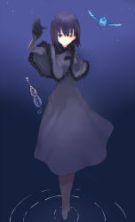 Rule 34 | 1girl, bird, black hair, blue eyes, blue theme, capelet, dress, dropping, expressionless, gloves, hand up, heterochromia, kuonji alice, mahou tsukai no yoru, red eyes, ripples, shiromiso, short hair, solo, standing