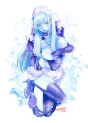 Rule 34 | 1girl, absurdres, alternate costume, apron, blue hair, blue panties, blue skin, blue theme, breasts, cleavage, colored skin, covering privates, covering breasts, earrings, enmaided, final fantasy, final fantasy xiv, frills, gloves, high heels, highres, jewelry, leg up, leotard, lipstick, long hair, looking at viewer, maid, maid headdress, makeup, ooshima ryou, open mouth, panties, panty pull, purple gloves, purple lips, purple thighhighs, ryne waters, shiva (final fantasy), solo, thighhighs, underwear, yellow eyes
