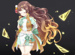 Rule 34 | 1girl, absurdres, anya melfissa, arms behind back, asymmetrical sleeves, breasts, brown hair, closed eyes, earrings, gradient hair, hair ornament, highres, hololive, hololive idol uniform (bright), hololive indonesia, jewelry, long hair, medium breasts, mee don, midriff, multicolored hair, pom pom (clothes), pom pom hair ornament, shorts, smile, thigh strap, thighs, very long hair, virtual youtuber, wavy hair, white shorts
