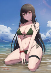 Rule 34 | 1girl, absurdres, bare shoulders, beach, bikini, black hair, blue sky, breasts, cleavage, closed mouth, cloud, collarbone, day, front-tie bikini top, front-tie top, green bikini, green eyes, green nails, hair between eyes, highres, large breasts, lens flare, long hair, looking at viewer, mole, mole under eye, navel, o-ring, o-ring bikini, original, outdoors, partially submerged, pige pig, scrunchie, seiza, side-tie bikini bottom, sitting, sky, solo, stomach, string bikini, swimsuit, thigh strap, underboob, v, wrist scrunchie