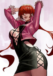 Rule 34 | 1girl, breasts, cleavage, cleavage cutout, clothing cutout, cropped jacket, doodle, earrings, hair over eyes, jewelry, large breasts, leotard, lips, long hair, looking at viewer, makeup, miniskirt, phamoz, ponytail, red hair, shermie (kof), simple background, skirt, smile, solo, split ponytail, the king of fighters, the king of fighters xv, twintails