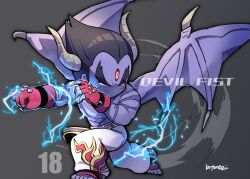 Rule 34 | 1boy, belt, black hair, claws, colored skin, demon wings, devil (tekken), electricity, full body, gloves, grey background, grey horns, horns, kotorai, male focus, mishima kazuya, no mouth, pants, punching, purple belt, purple skin, red gloves, scar, scar on arm, scar on chest, scar on face, signature, solo, studded gloves, tekken, thick eyebrows, third eye, topless male, v-shaped eyebrows, white pants, wings