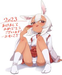 Rule 34 | 1girl, 2023, :p, animal ears, blush, brown eyes, chinese zodiac, closed mouth, commentary request, ear piercing, full body, grey hair, hair between eyes, hakama, hakama short skirt, hakama skirt, hand up, highres, holding, japanese clothes, kimono, long sleeves, looking at viewer, no shoes, original, owasaki, panties, piercing, rabbit ears, red hakama, shadow, short eyebrows, skirt, smile, socks, solo, striped clothes, striped panties, tabi, thick eyebrows, tongue, tongue out, translation request, underwear, white kimono, white socks, wide sleeves, year of the rabbit
