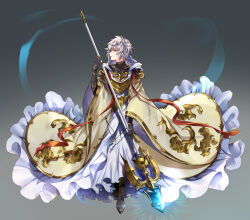 Rule 34 | 1boy, black footwear, black gloves, black shirt, blue eyes, boots, elbow gloves, facing to the side, frilled sleeves, frills, full body, gloves, glowing, glowing weapon, gold trim, gradient background, granblue fantasy, grey background, hair between eyes, highres, holding, holding polearm, holding weapon, hood, hood down, hooded robe, looking at viewer, lucifer (shingeki no bahamut), male focus, parted lips, polearm, profile, robe, shirt, short hair, sideways glance, simple background, solo, spear, standing, turtleneck, weapon, white hair, white robe, wide sleeves, wingtemple