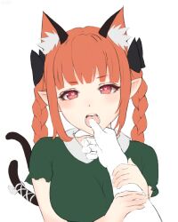 Rule 34 | 1girl, animal ears, black bow, blush, bow, braid, cat ears, cat tail, dress, extra ears, frilled sleeves, frills, green dress, hair bow, heart, heart-shaped pupils, holding another&#039;s arm, kaenbyou rin, long hair, looking at viewer, multiple tails, nekomata, open mouth, pointy ears, pov, red eyes, red hair, simple background, symbol-shaped pupils, tail, thumb to mouth, touhou, twin braids, upper body, white background, yyf (seaknight)