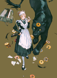 Rule 34 | 1girl, animal, apron, beak hold, bird, black panther, blonde hair, bottle, braid, broken plate, broom, brown background, bucket, collared dress, crow, cup, doughnut, dress, earrings, feathers, food, food on face, food on head, from above, guideau, hand on own hip, highres, holding, holding bottle, holding food, huangdanlan, jewelry, lace-trimmed apron, lace trim, licking lips, long hair, long sleeves, looking at viewer, maid, maid apron, maid headdress, majo to yajuu, mary janes, messy, mouth hold, object on head, panther, pantyhose, plate, shards, shoes, simple background, standing, teacup, tongue, tongue out, updo, white apron, white pantyhose, yellow eyes