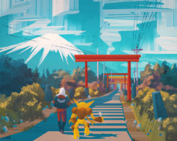 Rule 34 | alakazam, bird, blue sky, building, bush, cloud, cloudy sky, commentary, creatures (company), english commentary, forest, game freak, gen 1 pokemon, grass, highres, hood, hoodie, mountain, nature, nintendo, outdoors, pants, plant, pokemon, pokemon (creature), power lines, road, rock, simone mandl, sky, snow, spoon, standing, torii, tree, utility pole, walking