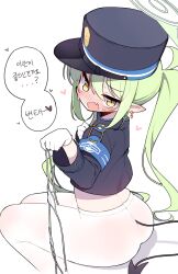 Rule 34 | absurdres, armband, ass, black hat, black jacket, blue archive, blue armband, blush, embarrassed, furrowed brow, gloves, green hair, halo, hat, nozomi (blue archive), highres, holding, holding clothes, holding panties, holding underwear, jacket, median furrow, mg pong, panties, pantyhose, presenting removed panties, sitting, underwear, wariza, white gloves, white pantyhose, yellow eyes