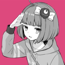 1girl ahoge ame8desu blunt_bangs commentary_request greyscale greyscale_with_colored_background hair_ornament hair_ribbon hood hoodie long_sleeves looking_at_viewer monochrome open_mouth ribbon salute short_hair simple_background smile solo tasokare_hotel tsukahara_neko upper_body