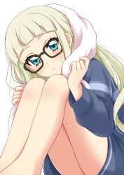 Rule 34 | 1girl, absurdres, aikatsu!, aikatsu! (series), bare legs, barefoot, black-framed eyewear, blonde hair, blue eyes, blue sweater, blunt bangs, blush, closed mouth, feet out of frame, glasses, hands up, head tilt, highres, legs together, long hair, long sleeves, looking at viewer, sekina, simple background, sitting, solo, sweater, todo yurika, towel, white background