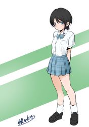 Rule 34 | 1girl, arms behind back, black footwear, black hair, blue bow, blue bowtie, blue eyes, blue skirt, bow, bowtie, breast pocket, brown footwear, brown hair, buttons, closed mouth, collared shirt, egokorokid, frown, full body, highres, hololive, miniskirt, oozora subaru, plaid, plaid skirt, pleated skirt, pocket, raised eyebrows, school uniform, shirt, shoes, short hair, short sleeves, signature, skirt, socks, solo, standing, virtual youtuber, white background, white shirt, white socks