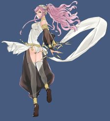 Rule 34 | 1girl, absurdres, armlet, ass, bare shoulders, bracelet, braid, dancer, fire emblem, fire emblem awakening, full body, grin, hairband, highres, jewelry, kozaki yuusuke, long hair, looking back, lots of jewelry, nintendo, official art, olivia (fire emblem), pink hair, ponytail, purple eyes, sandals, scan, see-through, side braid, simple background, smile, solo, thighhighs, twin braids, white thighhighs