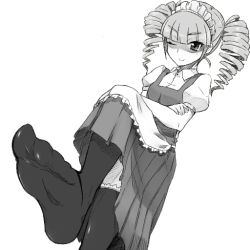 Rule 34 | 1girl, ;), crossed arms, drill hair, feet, foot focus, jikkyou powerful pro yakyuu, mechazinaida, monochrome, natsume jun, one eye closed, power pro kun pocket, power pro kun pocket 9, shaded face, simple background, smile, soles, solo, thighhighs, twin drills, twintails, white background, wink