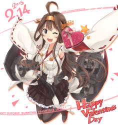 Rule 34 | 10s, 1girl, 2015, ahoge, box, brown hair, dated, english text, engrish text, female focus, gift, happy valentine, heart, heart-shaped box, heart-shaped pupils, ido (teketeke), kantai collection, kongou (kancolle), long hair, looking at viewer, open mouth, ranguage, smile, solo, symbol-shaped pupils, text focus, valentine, wink