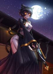 Rule 34 | 1girl, adsouto, animal ear fluff, animal ears, artist name, black gloves, black hair, blush, breasts, bridal gauntlets, broken moon, building, cat ears, cleavage, commentary, ear piercing, english commentary, gloves, glowing, glowing eyes, gun, gunblade, hair between eyes, highres, hip vent, holding, holding gun, holding weapon, kali belladonna, looking at viewer, mature female, medium breasts, moon, night, night sky, outdoors, piercing, rwby, sky, smile, smoke, smoking barrel, solo, standing, star (sky), starry sky, weapon, wide sleeves, yellow eyes