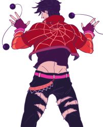Rule 34 | 1boy, black hair, bloody stream, fingerless gloves, from behind, gloves, jacket, joseph joestar, joseph joestar (young), male focus, official alternate costume, pants, red jacket, solo, torn clothes, torn pants, yamu1620