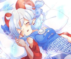 Rule 34 | 1girl, blue dress, breasts, closed eyes, curly hair, dress, earrings, fork, frilled ribbon, frills, grey hair, hair ribbon, horn ornament, horn ribbon, horns, jewelry, mandarin collar, meandros, medium hair, open mouth, patterned clothing, pillow, pointy ears, red horns, red sleeves, ribbon, saliva, sheep horns, sleeping, small breasts, solo, spoon, tanasuke, touhou, toutetsu yuuma, utensil