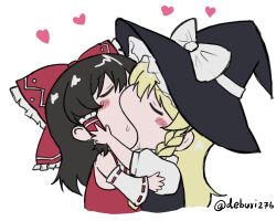 2girls absurdres black_hair blonde_hair bow braided_sidelock deburi276 detached_sleeves frilled_bow frills hakurei_reimu hat hat_bow heart highres kirisame_marisa kiss meme multiple_girls puffy_short_sleeves puffy_sleeves red_bow ribbon-trimmed_sleeves ribbon_trim short_sleeves touhou vest white_background white_bow witch_hat yoshi_and_toad_kissing_(meme) yuri