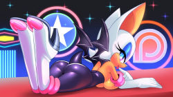 Rule 34 | 1girl, ass, blue eyes, boots, breasts, furry, furry female, gloves, high heel boots, high heels, looking at viewer, looking back, rouge the bat, sega, sif, solo, sonic (series), white gloves, wings