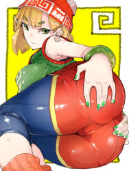 Rule 34 | 1girl, arms (game), ass, ass focus, ass grab, beanie, blonde hair, bracelet, breasts, grabbing own ass, green eyes, green nails, hat, highres, jewelry, large breasts, min min (arms), nail polish, orange shorts, short hair, short shorts, shorts, solo, sweat, takayama toshinori