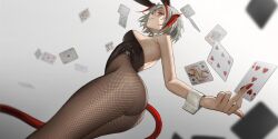 Rule 34 | 1girl, absurdres, alternate costume, animal ears, antenna hair, arknights, ass, between fingers, black leotard, black pantyhose, breasts, card, card between fingers, demon girl, demon tail, dutch angle, fake animal ears, floating card, grey hair, hashtag-only commentary, highres, holding, horns, leotard, looking at viewer, medium breasts, pantyhose, poker, rabbit ears, red eyes, red horns, roupo99, short hair, sideways glance, smile, solo, strapless, strapless leotard, tail, w (arknights), white wrist cuffs, wrist cuffs