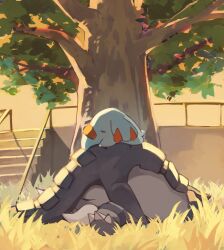 Rule 34 | 2others, absurdres, closed eyes, creatures (company), donphan, game freak, gara (qbeuxvii22), gen 2 pokemon, grass, highres, multiple others, nintendo, on grass, outdoors, phanpy, pokemon, pokemon (creature), railing, sleeping, stairs, tree, tusks