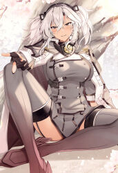 Rule 34 | 1girl, absurdres, against tree, black gloves, black ribbon, blush, boots, breasts, brown eyes, coat, coat on shoulders, commentary request, crossed legs, dark-skinned female, dark skin, dated commentary, full body, glasses, gloves, hair between eyes, hair ribbon, headgear, highres, kantai collection, large breasts, long hair, looking at viewer, military uniform, musashi (kancolle), musashi kai ni (kancolle), partially fingerless gloves, pleated skirt, pointing, pointing at viewer, ribbon, sitting, skirt, solo, thigh boots, tree, twintails, two side up, uniform, very long hair, white hair, yunamaro