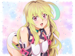 Rule 34 | 1girl, ahoge, aqua hair, artist request, bandeau, blonde hair, blush, breasts, brooch, choker, cleavage, collarbone, gauntlets, jewelry, large breasts, leaning forward, long hair, looking at viewer, milla maxwell, miniskirt, multicolored hair, open mouth, red eyes, skirt, smile, tales of (series), tales of xillia, tales of xillia 2, very long hair, white skirt