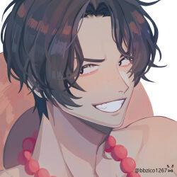 Rule 34 | 1boy, artist name, bare shoulders, bbzico1267, bead necklace, beads, black eyes, black hair, clenched teeth, commentary request, freckles, hat, jewelry, male focus, necklace, one piece, portgas d. ace, short hair, signature, simple background, smile, solo, teeth, unworn hat, unworn headwear, white background