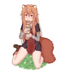 Rule 34 | 1girl, animal ear fluff, animal ears, bad id, bad pixiv id, baguette, black dress, blunt bangs, blush, boots, bread, brown footwear, brown gloves, brown hair, collar, commentary, dress, faeni, food, gloves, grass, highres, holding, holding food, long hair, long sleeves, raccoon ears, raccoon girl, raccoon tail, raphtalia, red eyes, short dress, short sleeves, sidelocks, simple background, sitting, tail, tate no yuusha no nariagari, thighs, very long hair, wariza, white background