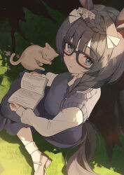 Rule 34 | 1girl, absurdres, animal ears, black-framed eyewear, blue dress, blue eyes, book, braid, cat, closed mouth, clothing cutout, crown braid, dress, ear ornament, glasses, grass, highres, holding, holding book, horse girl, horse tail, long hair, long sleeves, looking at viewer, official alternate costume, on ground, reading, shirt, socks, solo, tail, tail through clothes, tree, umamusume, white footwear, white shirt, white socks, yogukasu, zenno rob roy (umamusume)
