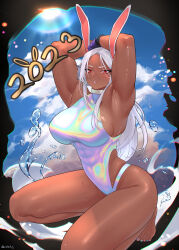 Rule 34 | 1girl, 2023, absurdres, animal ears, armpits, arms up, artist name, barefoot, blue nails, boku no hero academia, breasts, chinese zodiac, choker, commentary, covered abs, covered navel, dark-skinned female, dark skin, english commentary, gabriel carrasquillo, gloves, highres, holographic clothing, large breasts, long eyelashes, long hair, looking at viewer, mirko, multicolored nails, muscular, muscular female, nail polish, one-piece swimsuit, parted bangs, parted lips, purple gloves, purple nails, rabbit ears, rabbit girl, red eyes, red nails, shiny skin, solo, squatting, swimsuit, thick thighs, thighs, tiptoes, toenail polish, toenails, toes, turtleneck, turtleneck one-piece swimsuit, twitter username, water, wet, white choker, white hair, wrist cuffs, year of the rabbit