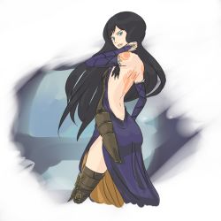 Rule 34 | 1girl, adjusting hair, aqua eyes, ass, back, backless dress, backless outfit, bare back, bare shoulders, black hair, blue eyes, boots, bridal gauntlets, castlevania (series), castlevania: order of ecclesia, dress, feathers, hachimitsuboi, long hair, looking back, shanoa, solo, tattoo, thighhighs, zettai ryouiki