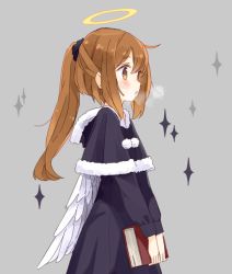 Rule 34 | 1girl, alternate costume, angel wings, bad id, bad twitter id, black scrunchie, blush, book, breath, brown eyes, brown hair, commentary, cowboy shot, from side, fumizuki (kancolle), hair between eyes, hair ornament, hair scrunchie, halo, holding, holding book, hooded robe, kantai collection, long hair, long sleeves, otokuzu, ponytail, robe, scrunchie, simple background, solo, sparkle, wings