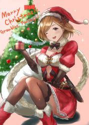 Rule 34 | 1girl, ;d, aqua (popogori), between legs, boots, bow, bowtie, box, brown eyes, brown gloves, brown hair, brown thighhighs, character cutout, christmas tree, copyright name, djeeta (granblue fantasy), frilled skirt, frills, fur-trimmed boots, fur-trimmed headwear, fur-trimmed sleeves, fur trim, gift, gift box, gloves, granblue fantasy, hand between legs, hat, holding, holding box, looking at viewer, merry christmas, miniskirt, one eye closed, open mouth, pink background, red footwear, red hat, red skirt, santa hat, short hair, short sleeves, sitting, skirt, smile, solo, sparkle, striped bow, striped bowtie, striped clothes, striped neckwear, thighhighs
