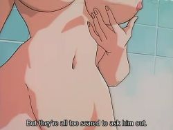 Rule 34 | 1990s (style), 1girl, amy to yobanaide, animated, animated gif, breast lift, breasts, english text, glasses, large breasts, nipples, purple hair, subtitled